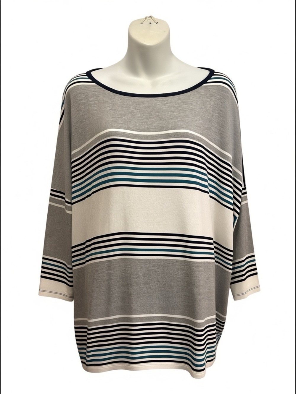 Sunday Relaxed Striped Tunic - Gray, White & Blue-Green w/drop shoulder size XL
